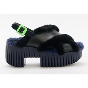 4cccees Plia Puffy Black Leather Sheepskin Lined Sandals Chunky Platform 39 8.5
